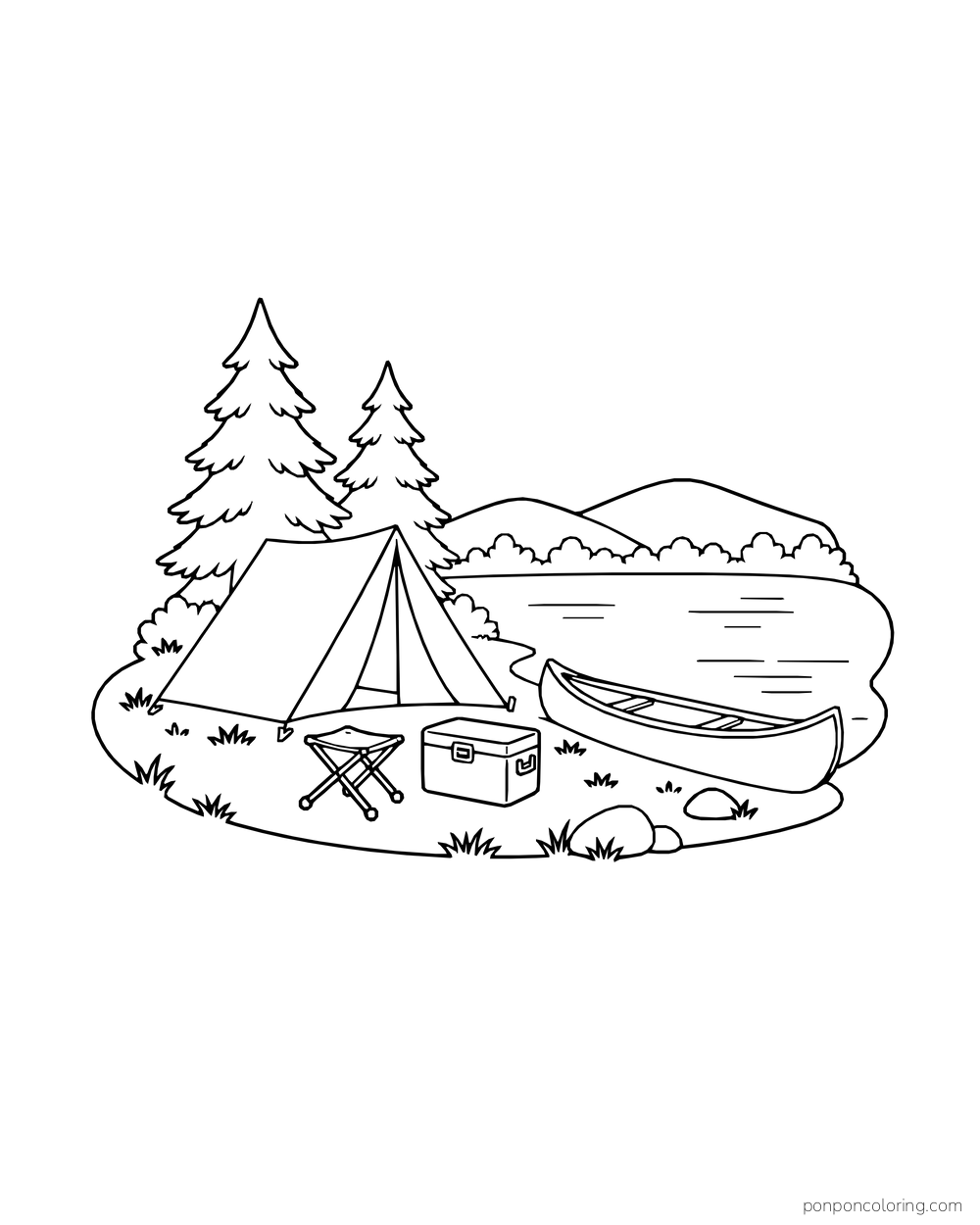 Tent beside a lake with a canoe on shore, folding stool, cooler, pine trees, shrubs, and distant hills.