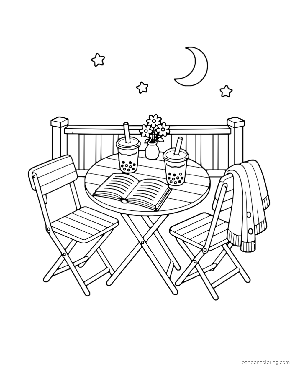 Two boba cups and an open book sit at a terrace table beneath a crescent moon.