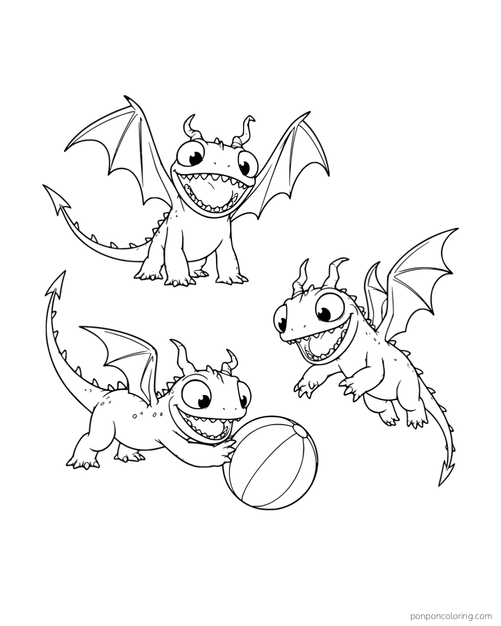 Three Terrible Terror dragons playing around a striped ball.