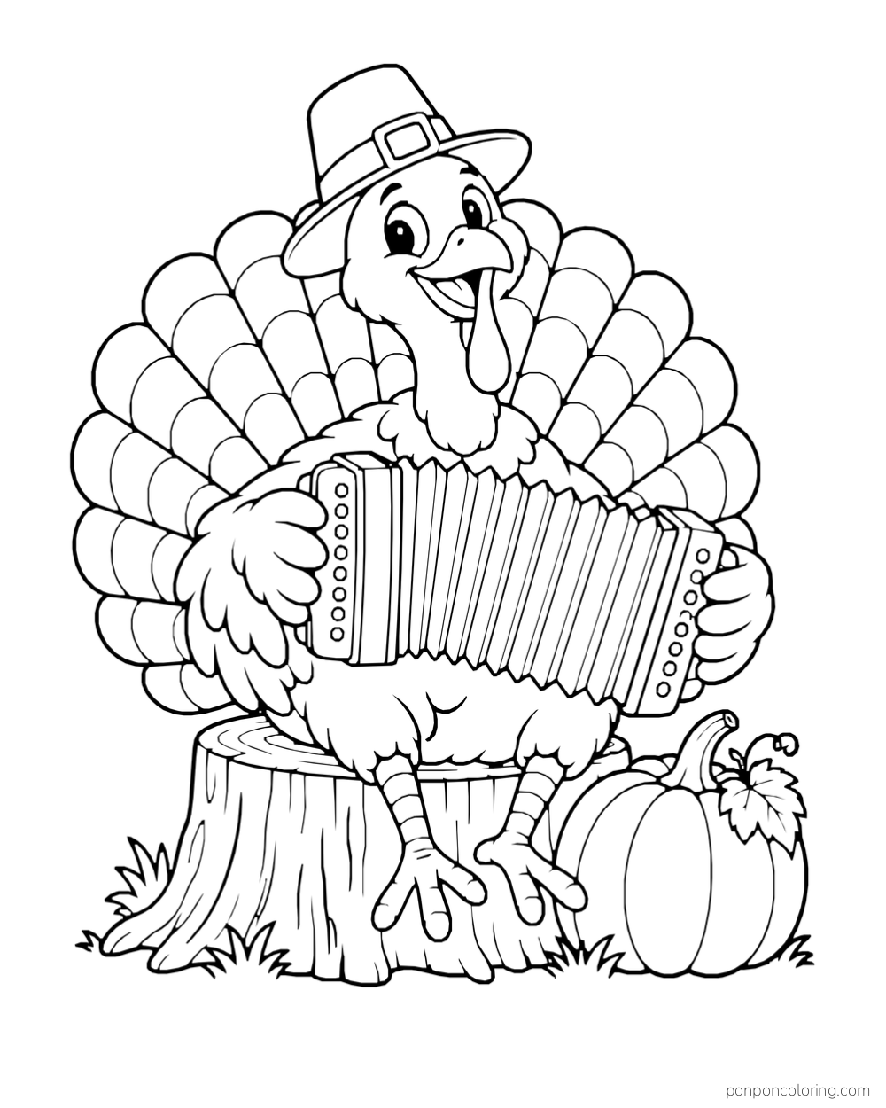A turkey plays a concertina on a tree stump beside a pumpkin.