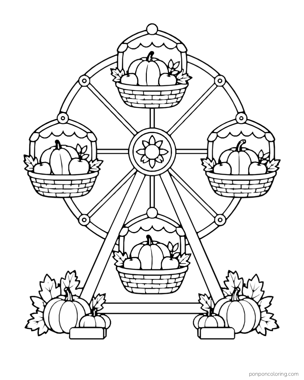 A small Ferris wheel carries four harvest baskets filled with pumpkins and apples.