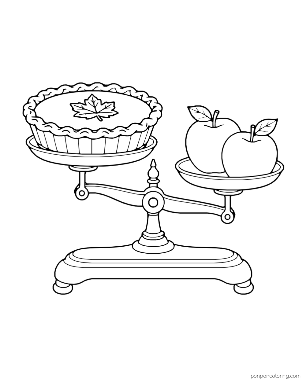 A pumpkin pie and two apples rest on opposite pans of a balance scale.