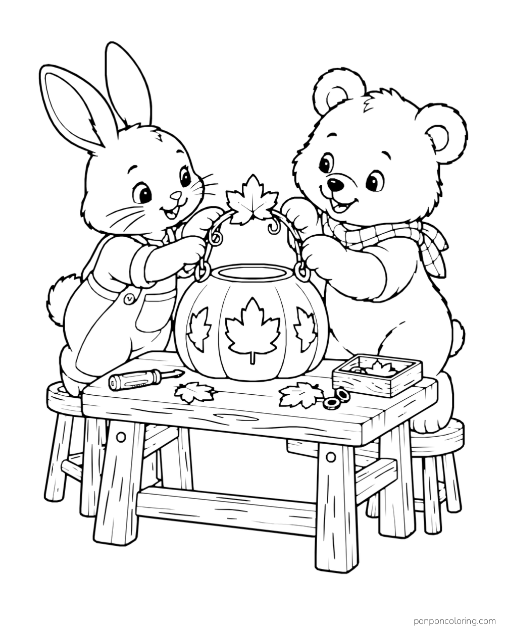 A rabbit and a bear work on a pumpkin lantern at a small wooden table.