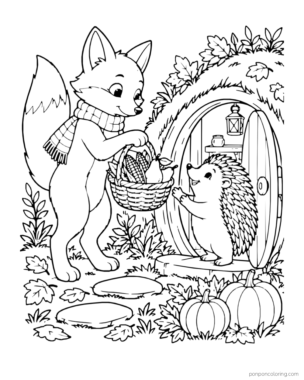 A fox brings corn and pears to a hedgehog at an arched burrow doorway.