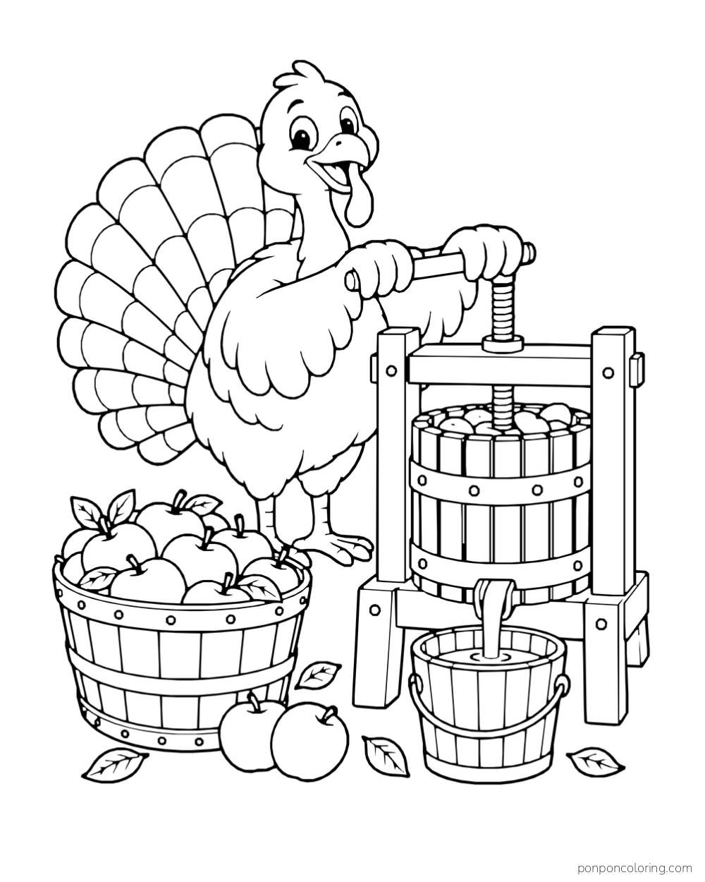 A turkey turns an apple press beside apples and a collection bucket.