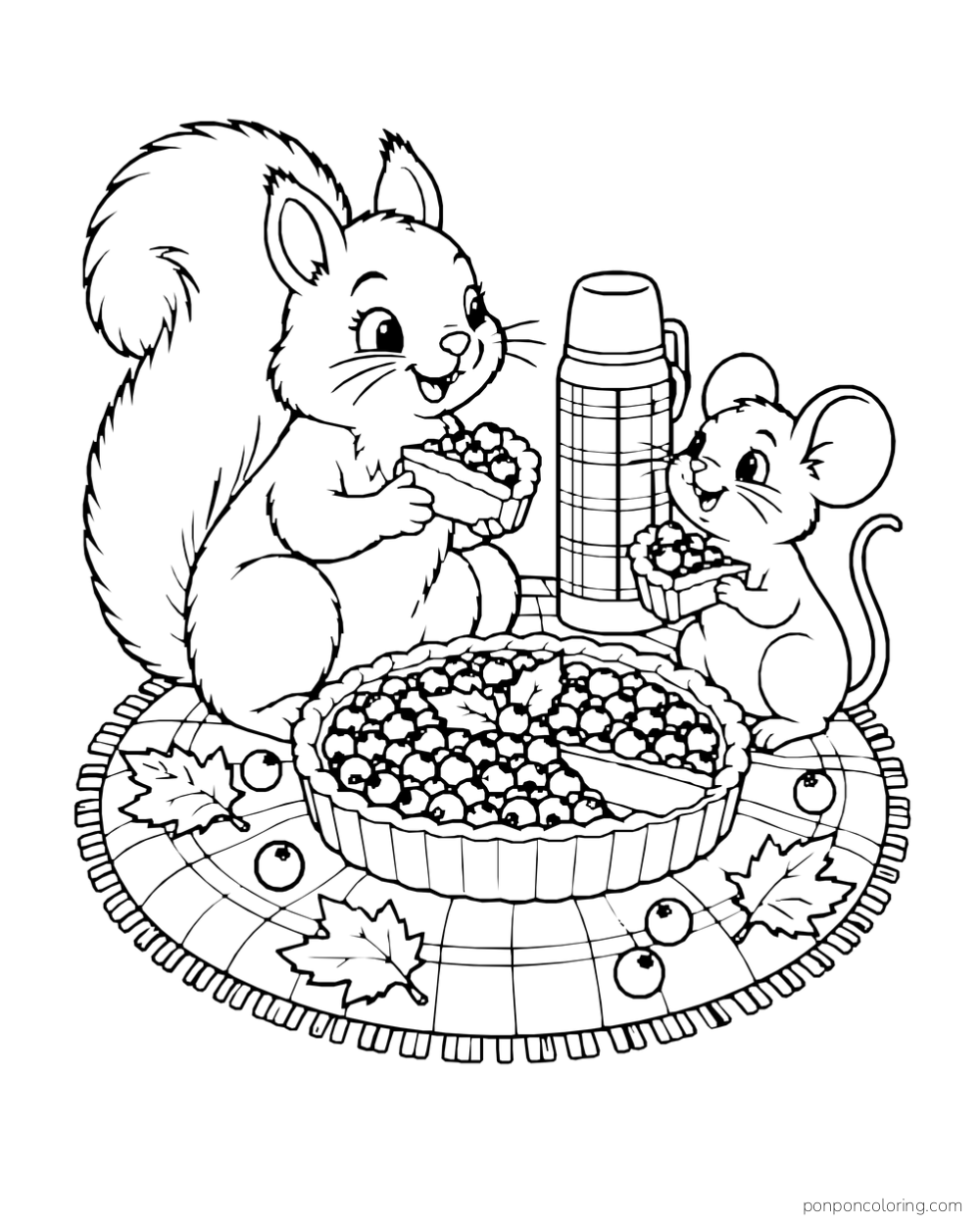 A squirrel and a mouse eat tart beside a thermos on a round picnic cloth.