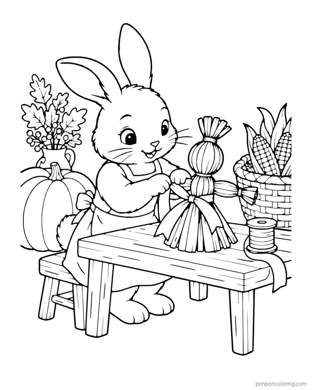A rabbit ties a ribbon on a corn-husk doll at a table with corn and a spool.