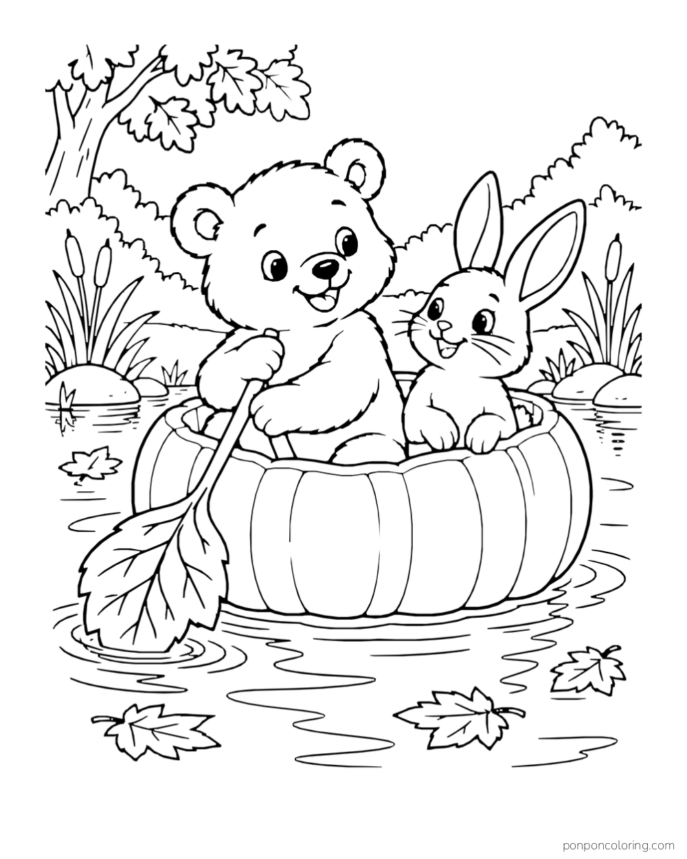 A bear cub and rabbit ride in a pumpkin boat with a leaf-shaped paddle.
