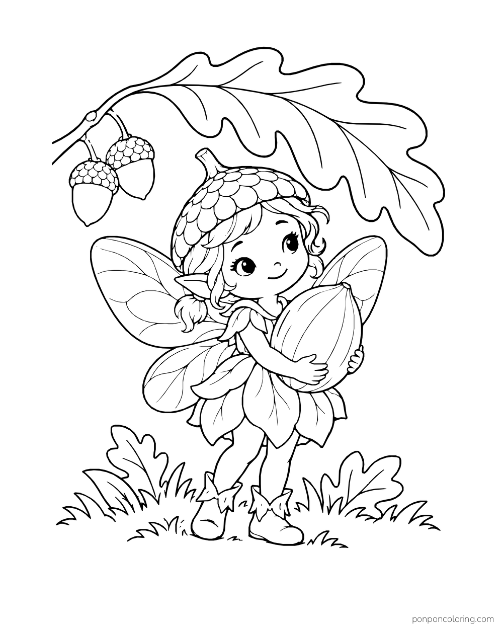 Small fairy in an acorn cap carrying a large seed beneath an oak branch.