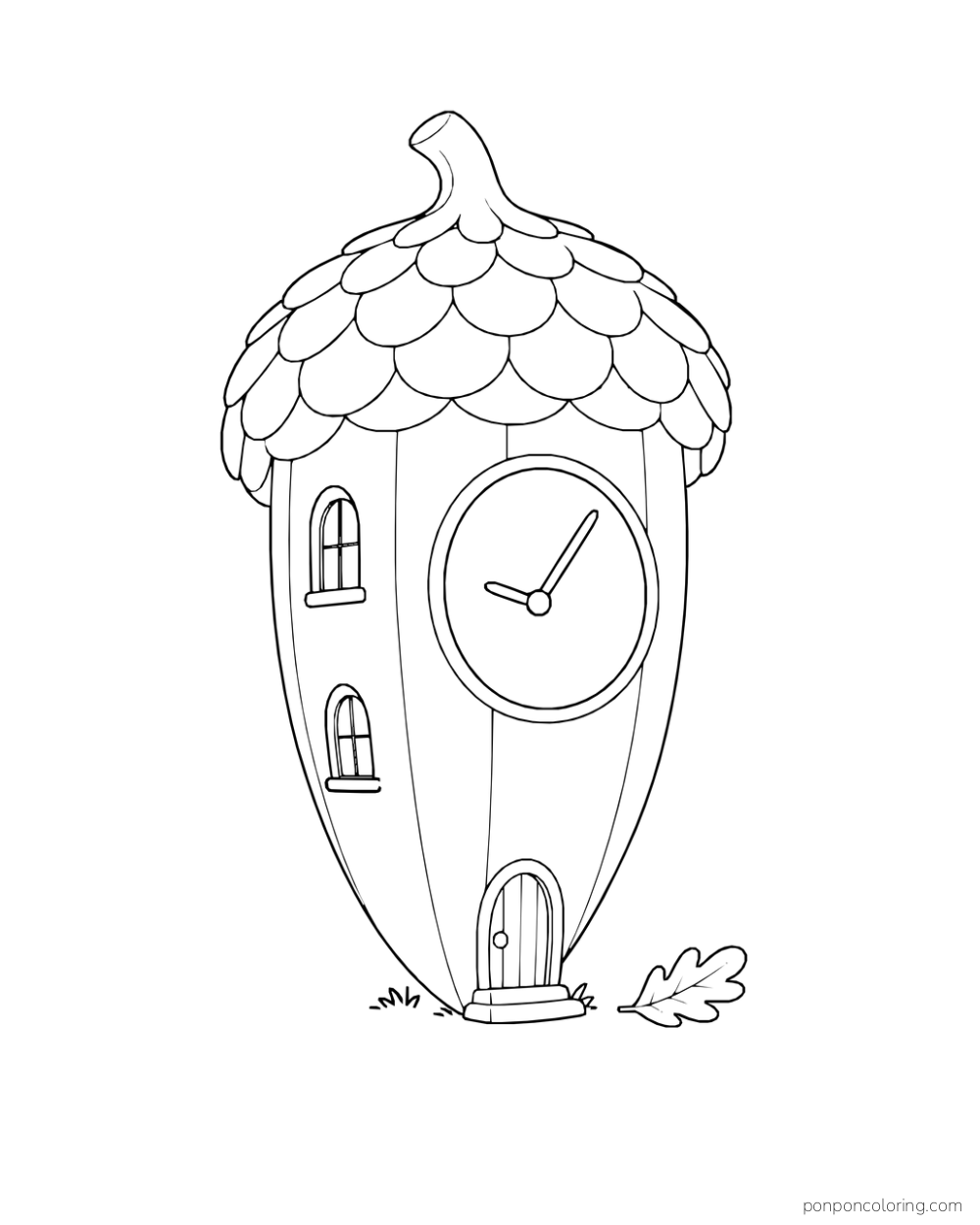 A tall acorn-shaped clock tower has a round clock face, narrow windows and a small arched door.