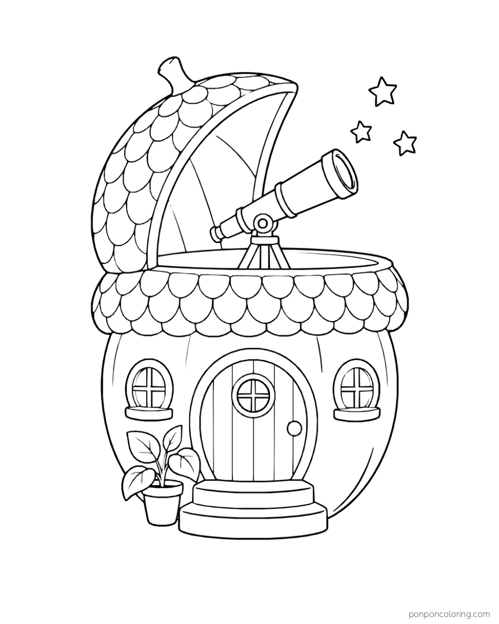 An acorn-shaped observatory has an open roof and a telescope aimed toward three stars.