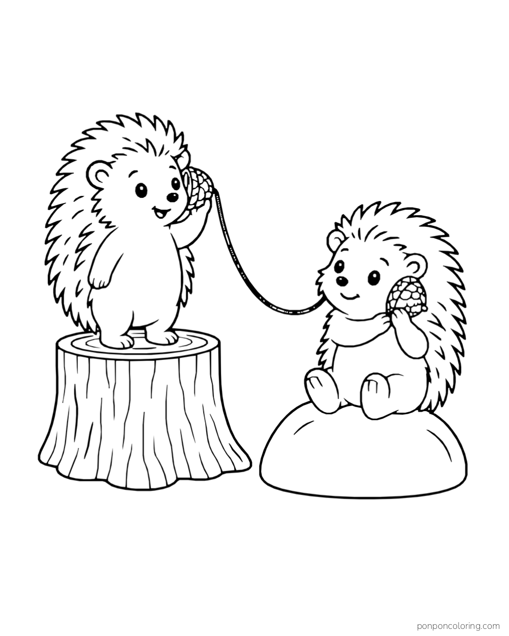 Two hedgehogs talk through acorn telephones, one standing on a stump and the other sitting on a rock.