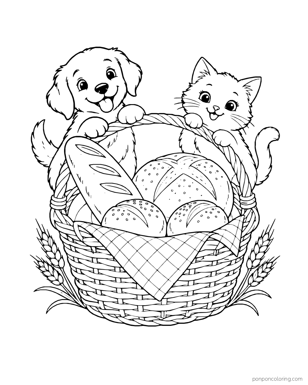 A puppy and kitten peek over a wicker basket filled with baguette, round loaves, and rolls.