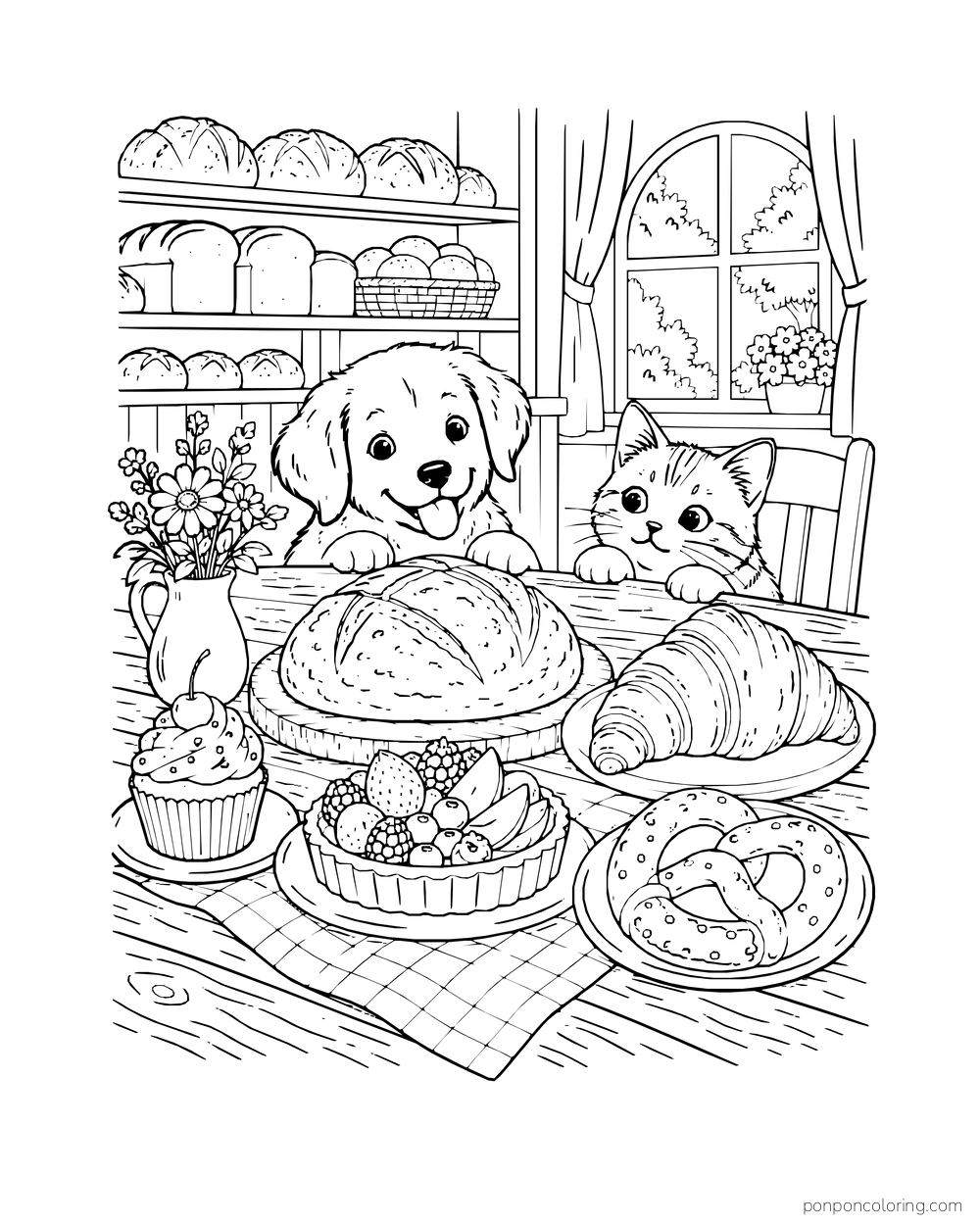 A bakery table holds round bread, croissant, tart, cupcake, and pretzel as a puppy and kitten look on.