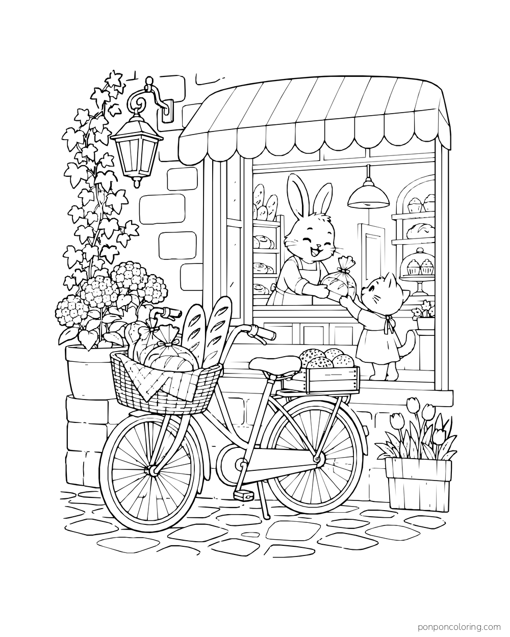 A bread-filled delivery bicycle stands outside a bakery window with small animal friends inside.