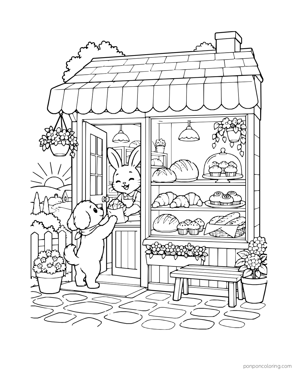 A small bakery storefront at sunrise has bread in its window and a rabbit at the door greeting a visitor.