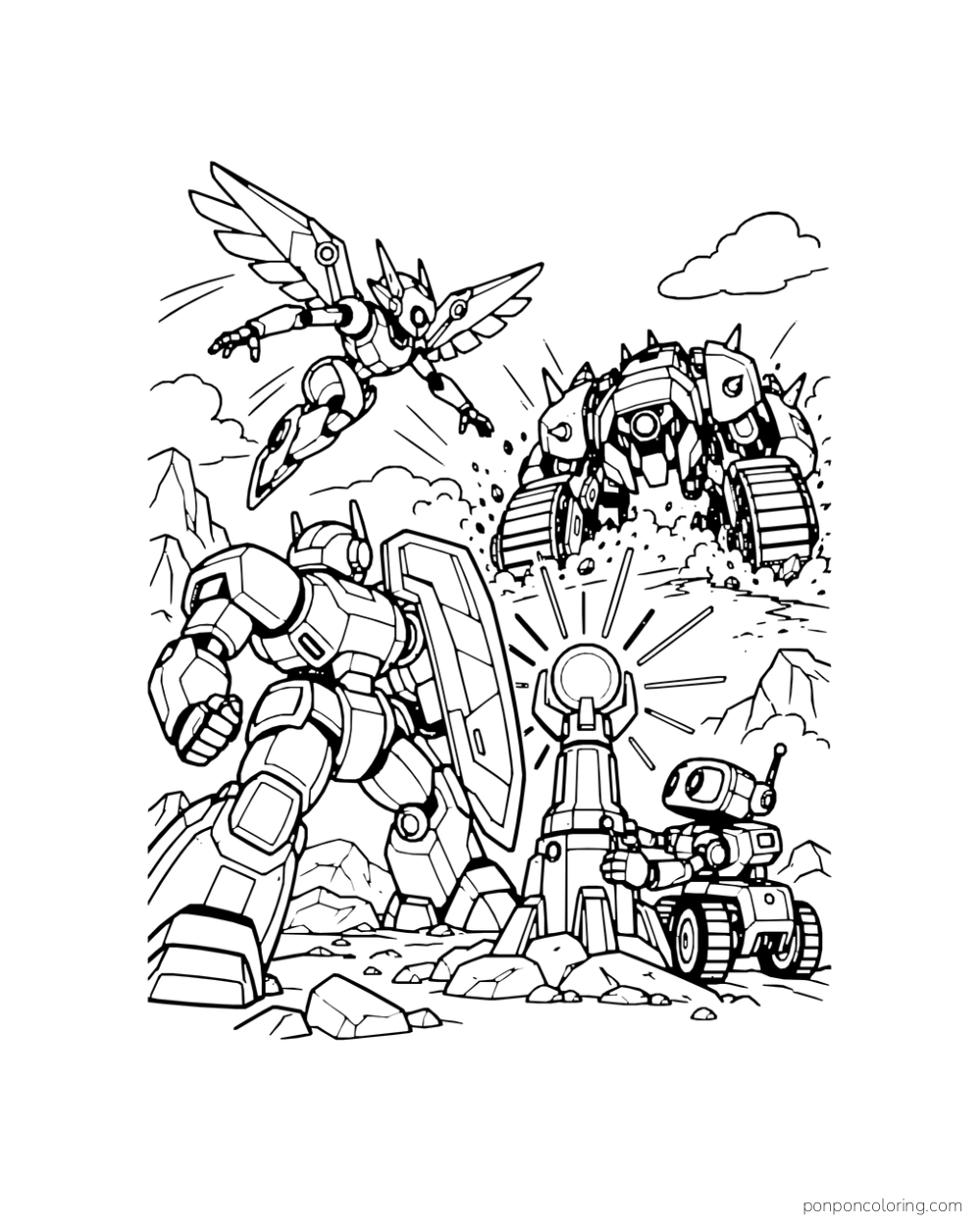 A robot team guards a restored beacon as a rogue crawler approaches.