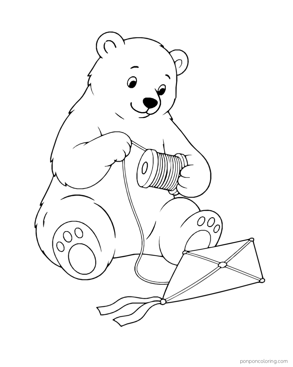 A polar bear winds kite string onto a spool beside a diamond-shaped kite.