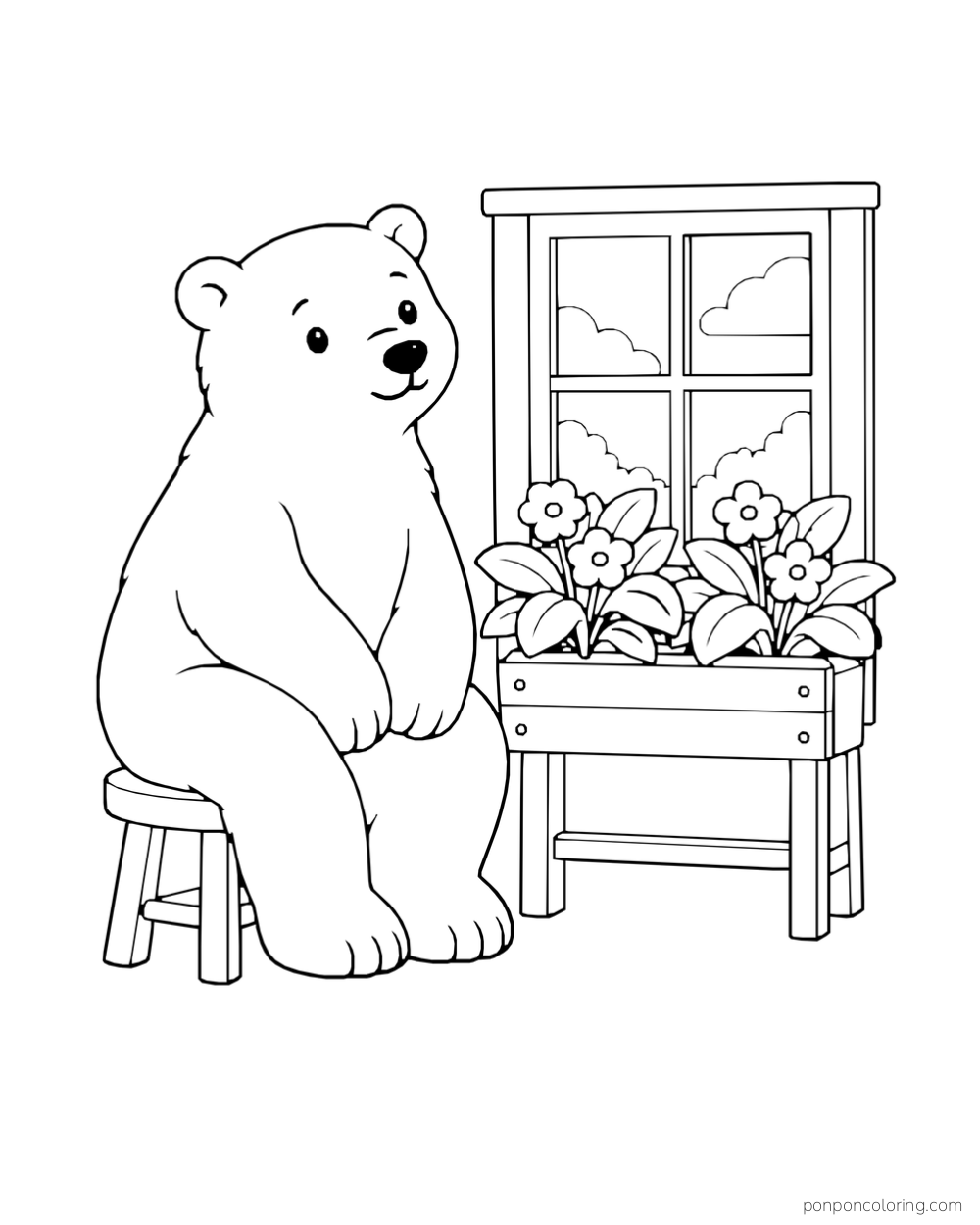 A polar bear tends flowers in a window box.
