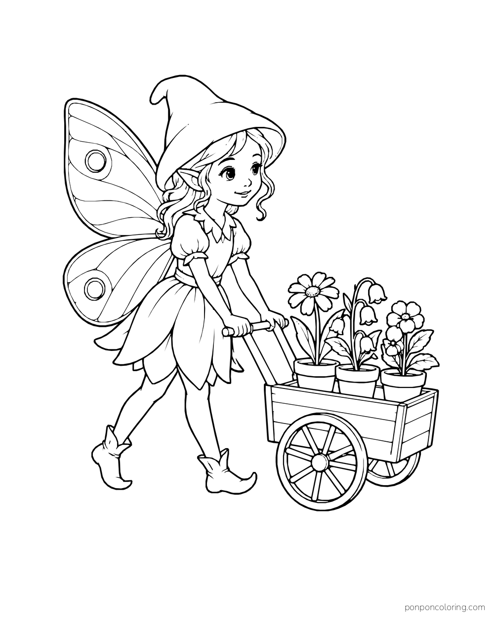 Fairy in a pointed cap pushing a small cart of potted flowers.