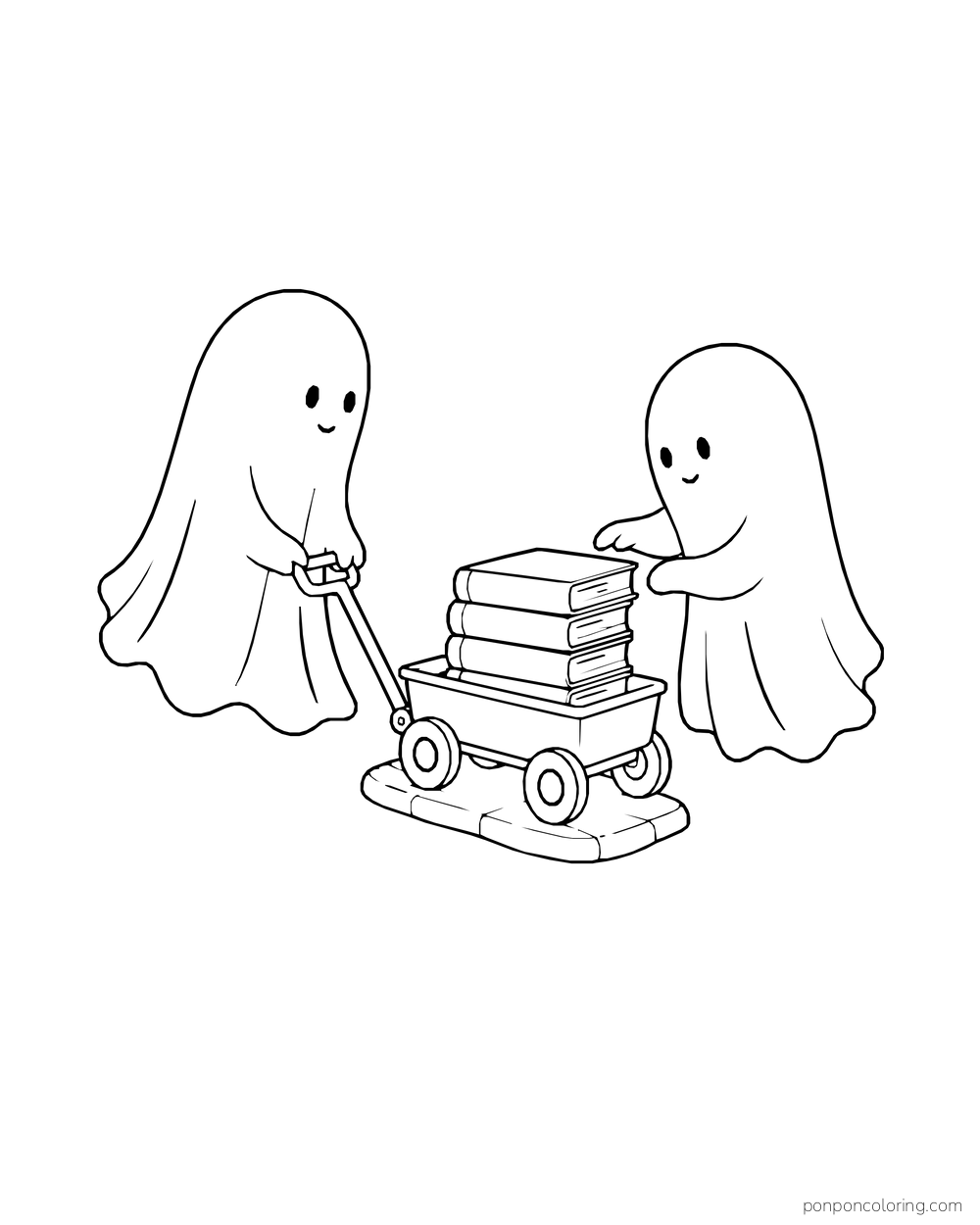 Two ghosts move a wagon stacked with books.