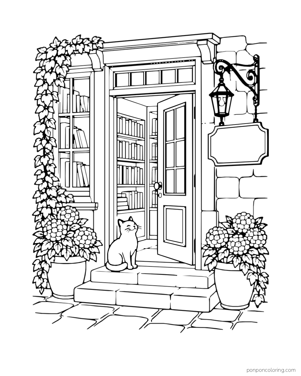 A bookstore doorway with a hanging lantern, blank sign, plants, and a cat on the steps.