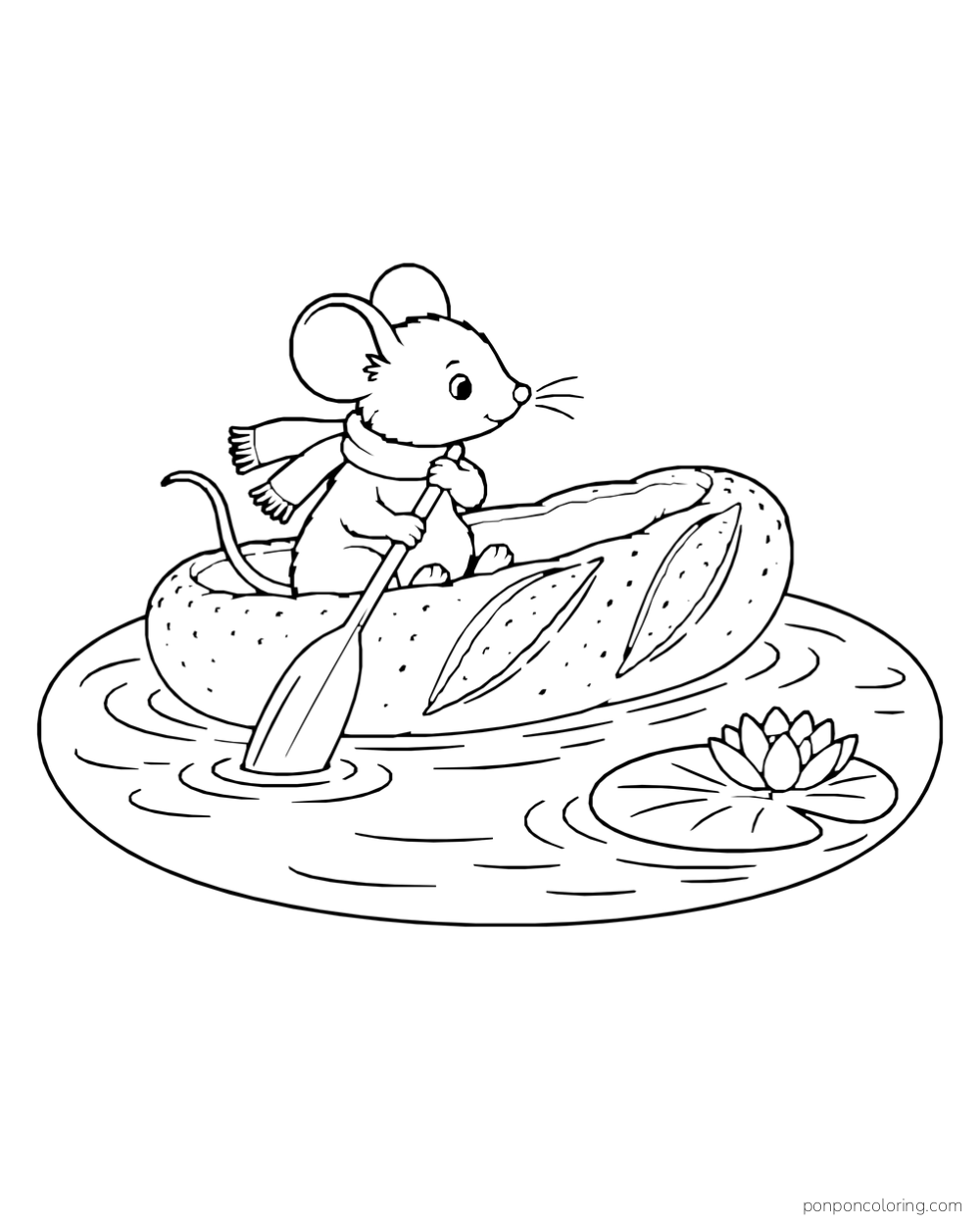 A mouse rows a little boat shaped like a long bread loaf across a round pond beside a water lily.
