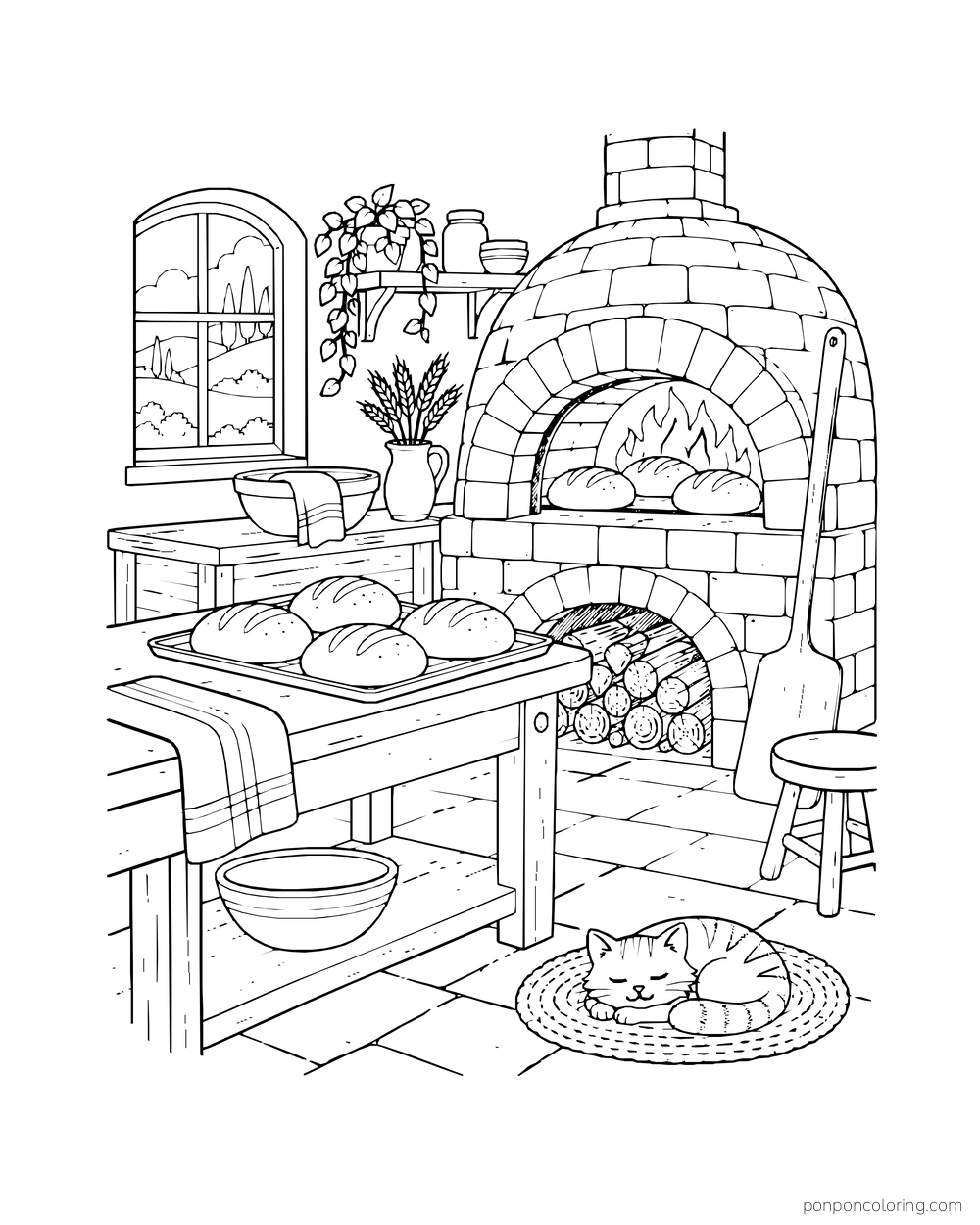 A brick bakery oven glows behind trays of bread while a cat sleeps on a round mat.
