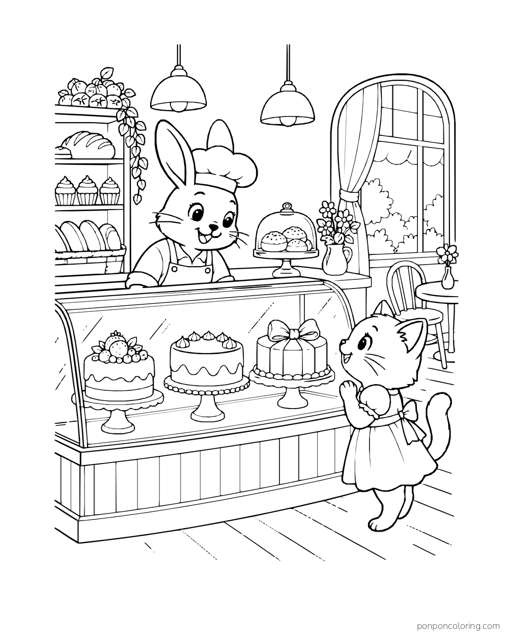 A rabbit baker stands behind a glass case of cakes as a kitten customer looks in.