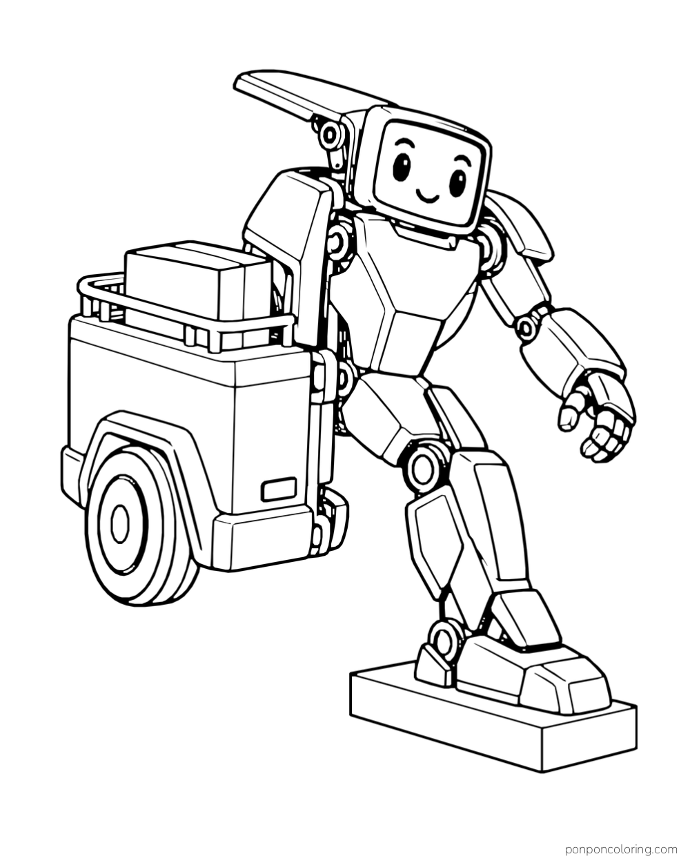 A delivery cart unfolds into a walking robot with its cargo box beside it.