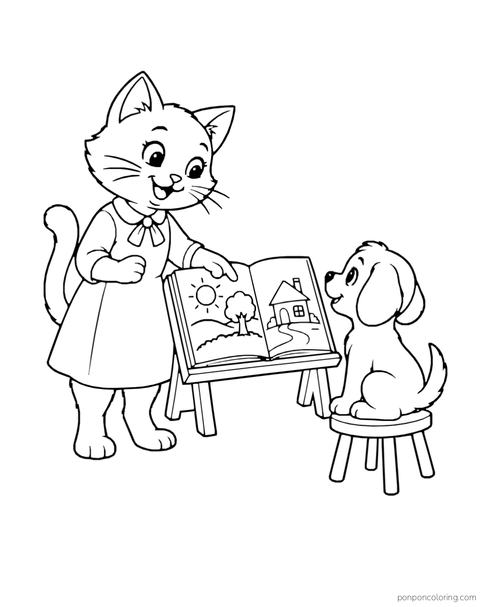 A cat standing beside an open book on a stand while a puppy listens from a stool.