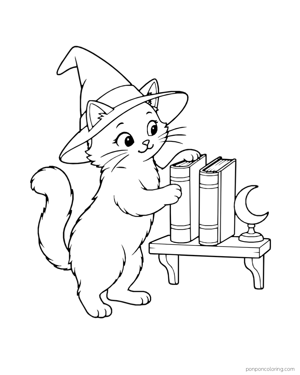 A cat in a pointed hat arranging books beside a crescent moon ornament.