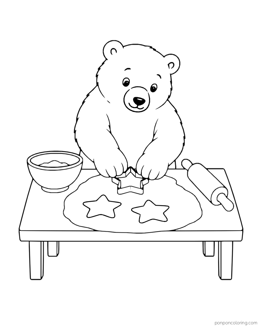 A polar bear cuts star cookies at a table with a bowl and rolling pin.