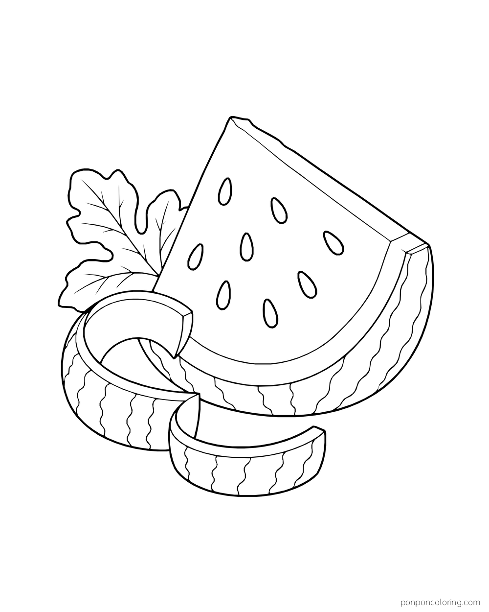 A seeded watermelon wedge beside a curling strip of striped rind and a vine leaf.