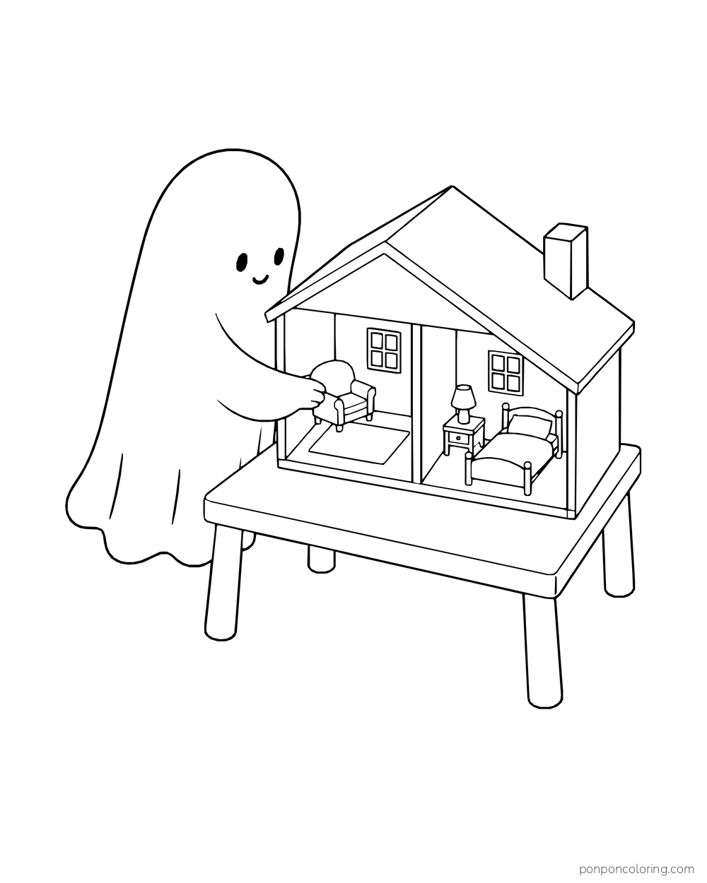 A ghost arranges furniture inside a little dollhouse on a table.