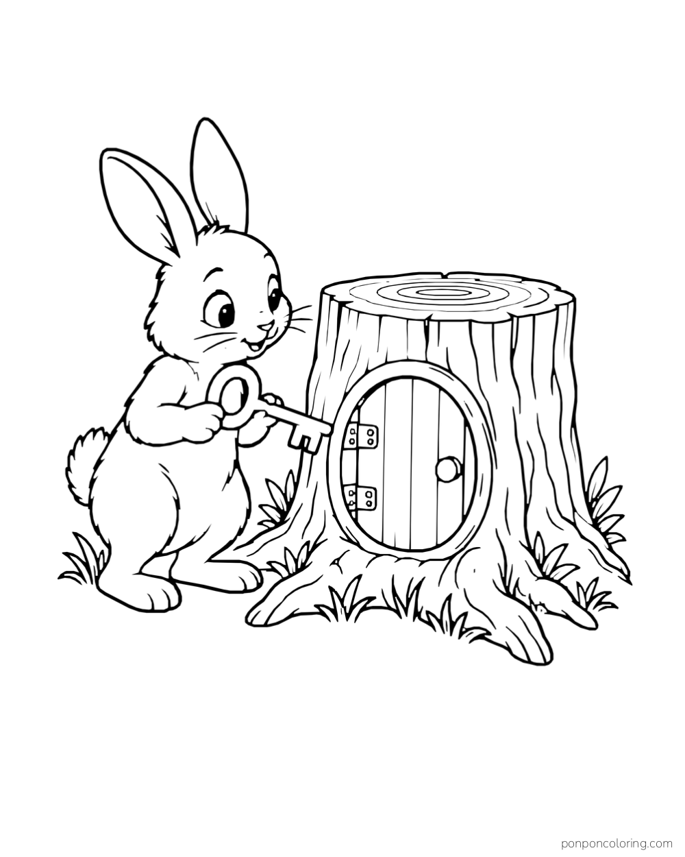 A rabbit holds a key beside a tiny arched door in a tree stump.