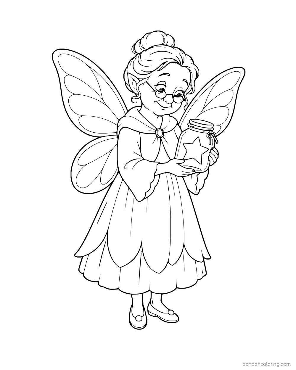 Older fairy with spectacles and a bun holding a jar marked with a star.