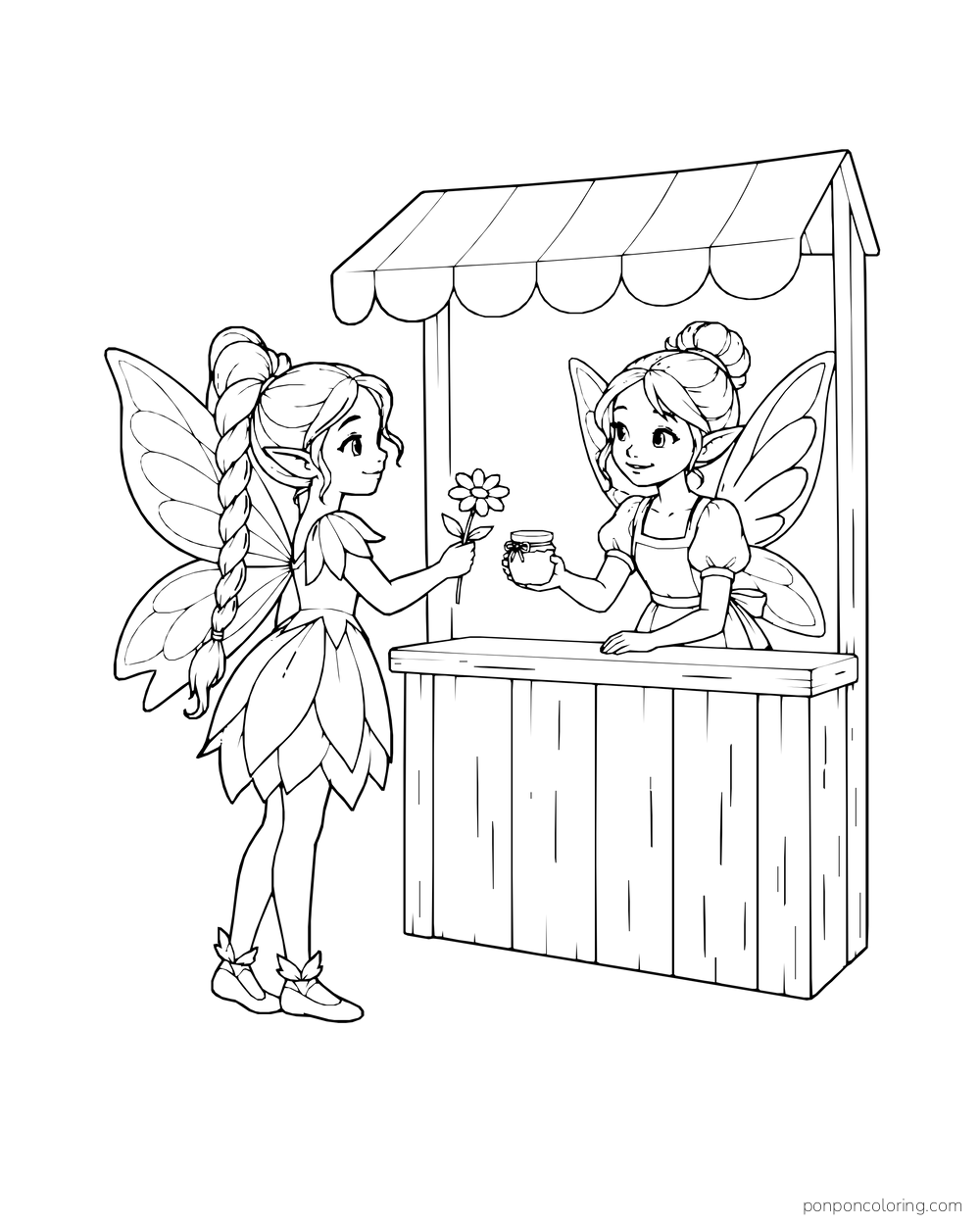 Fairy trading a flower for a little jar across a market stall counter.