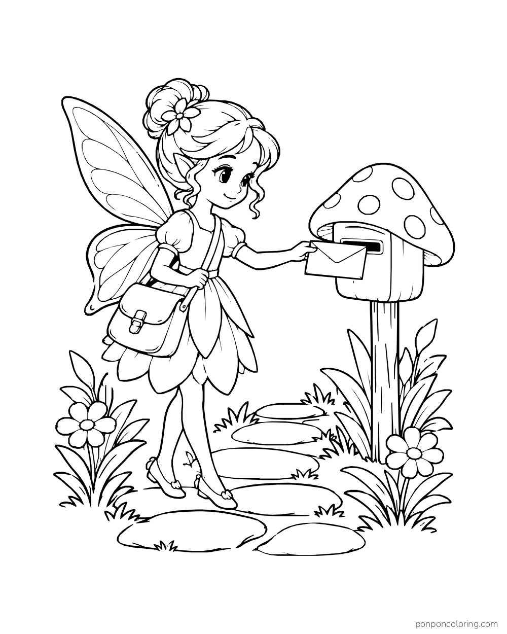 Fairy with a satchel posting an envelope into a mushroom-shaped mailbox.