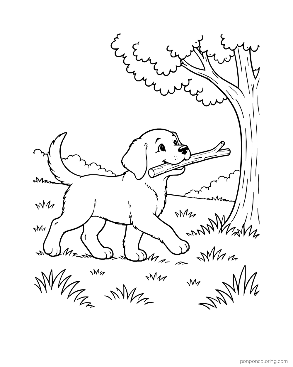 A puppy carries a sturdy stick across a meadow beneath a leafy tree.