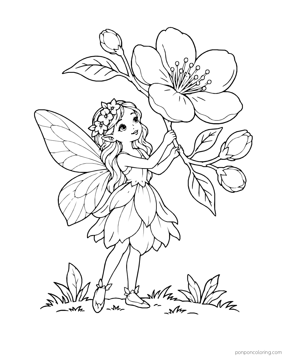 Fairy holding the branch of an oversized blossom with buds.