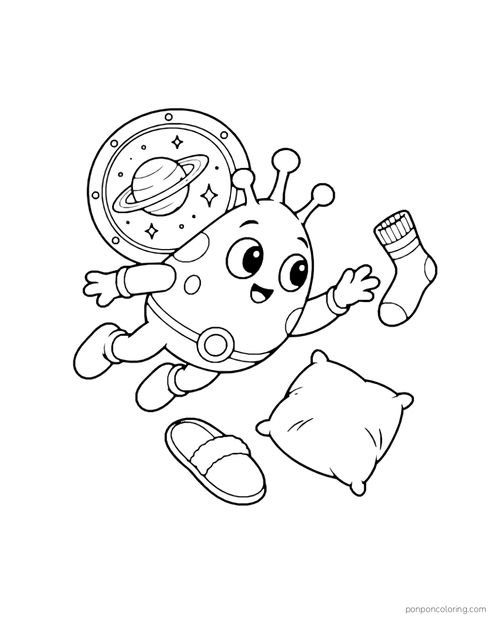 An alien floats toward a sock near a round planet window and a pillow.