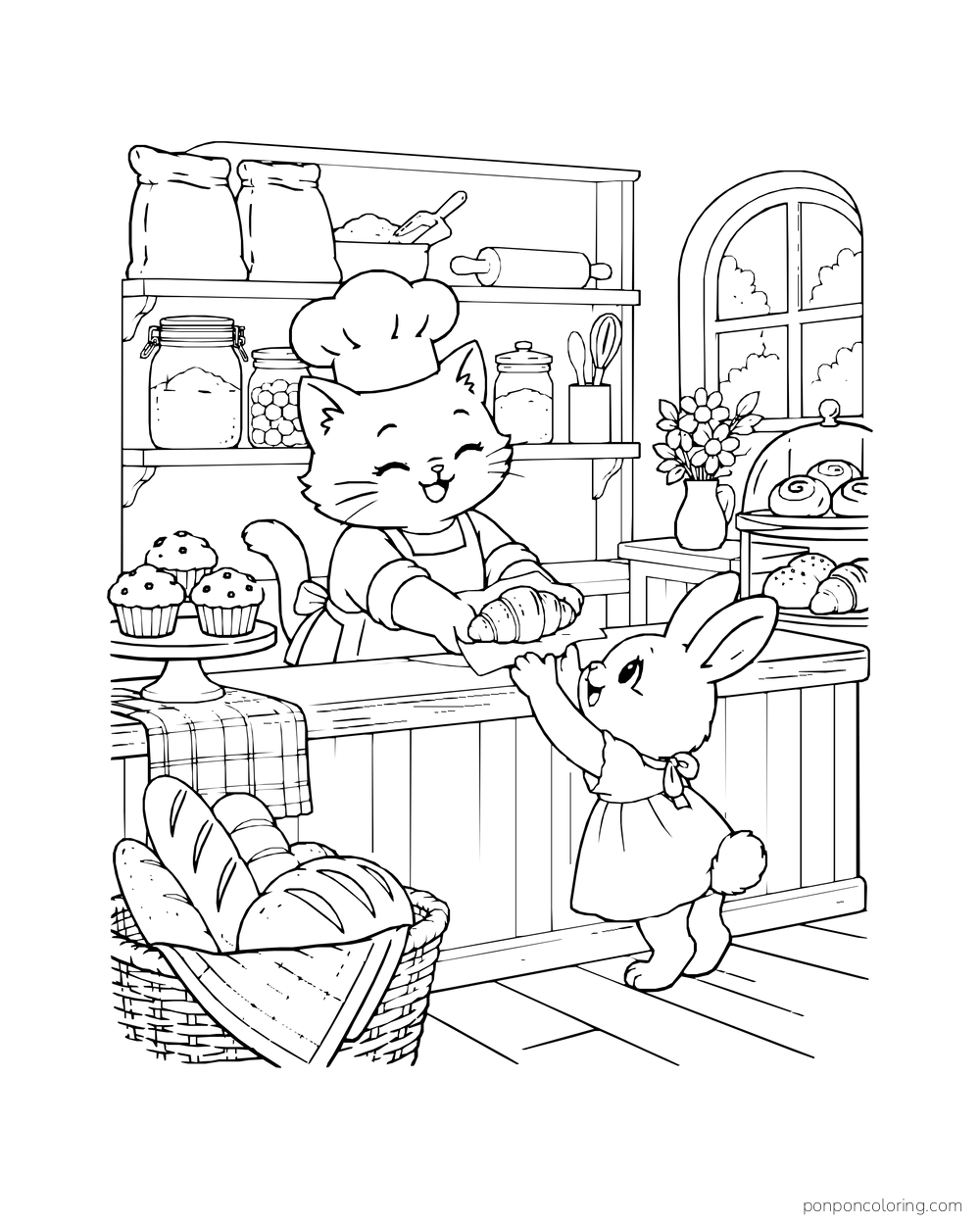A kitten baker works at a pantry counter lined with flour sacks, jars, bread, and utensils.