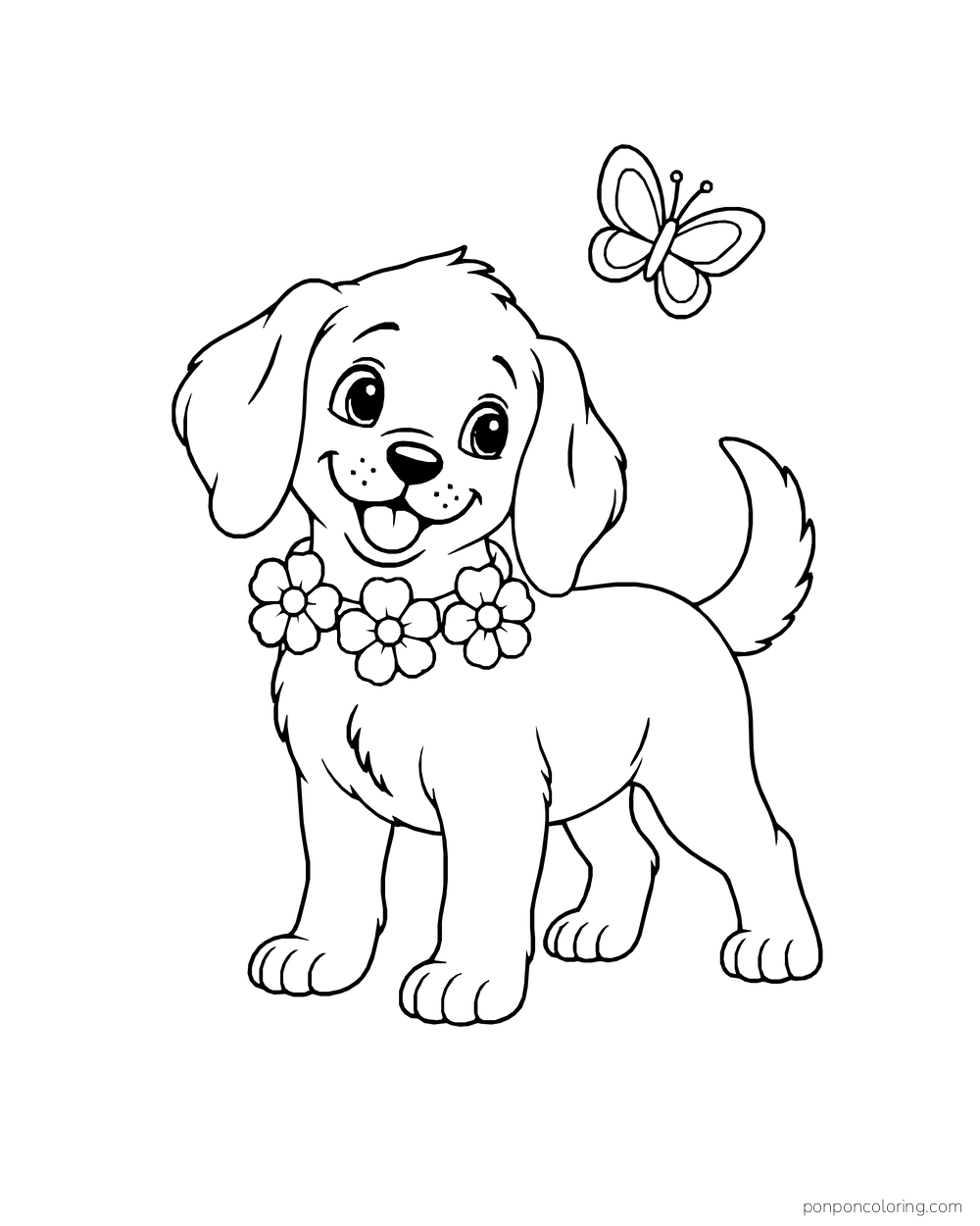 A standing puppy wears a collar of large flowers while a butterfly flutters nearby.