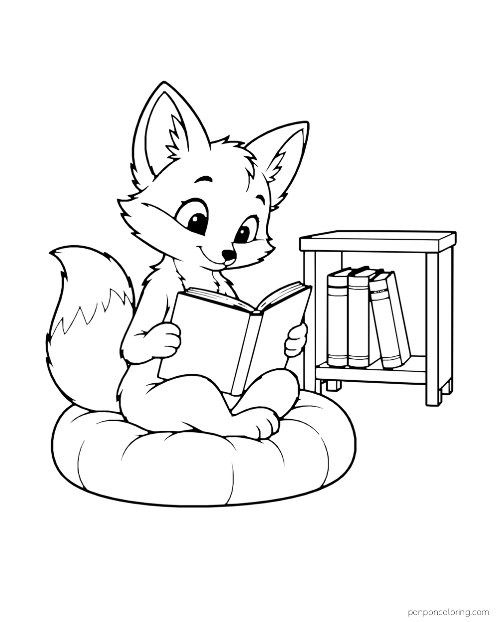 A fox cub reading a book on a round cushion beside a short shelf of books.