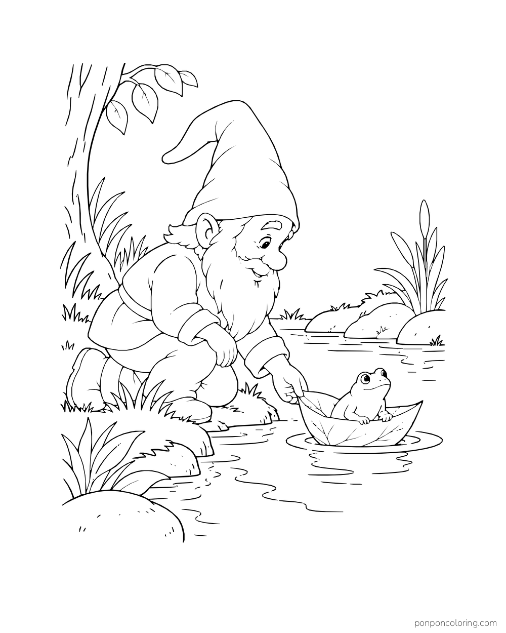 Gnome kneeling beside a stream and setting a frog afloat in a large leaf boat.