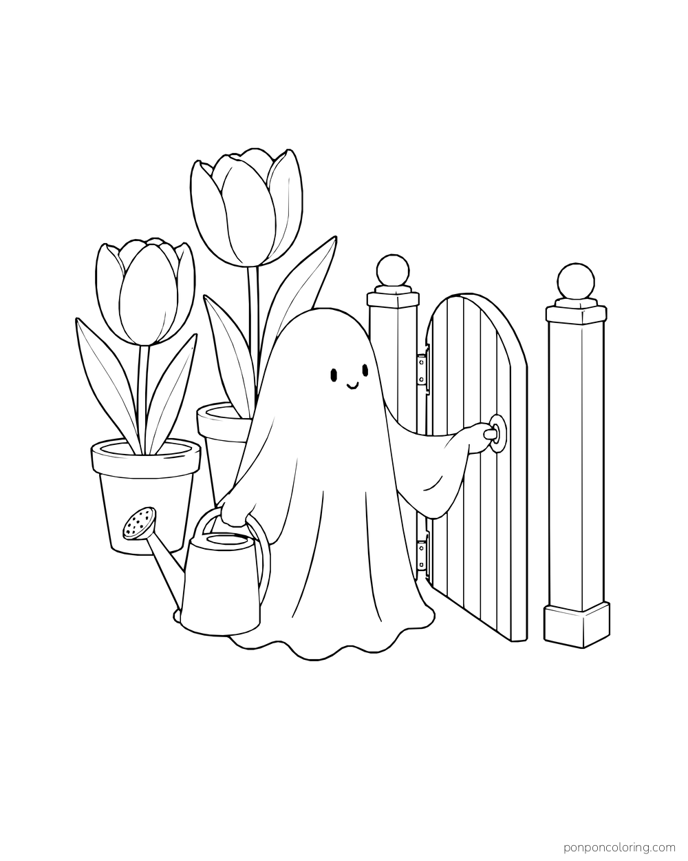 A ghost holds a key at an open gate beside tall tulips and a watering can.