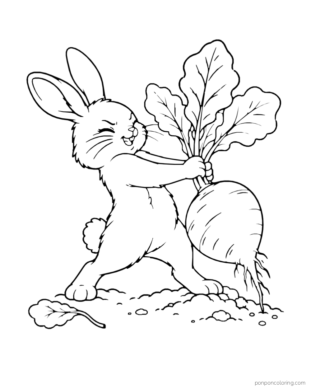A rabbit pulls an oversized radish from a patch of soil.