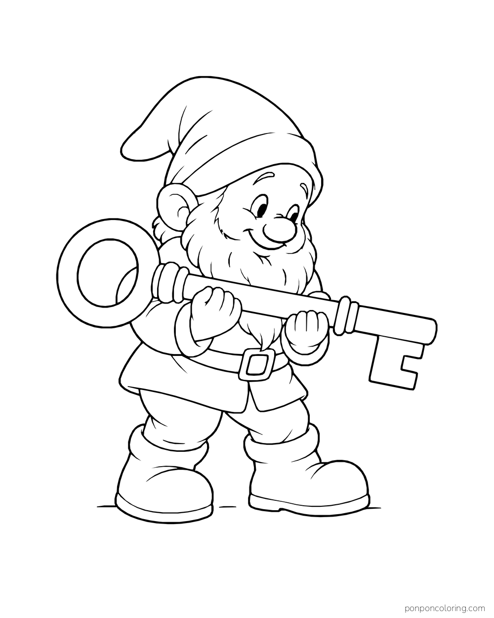 Gnome carrying an oversized old-fashioned key in both hands against an open background.
