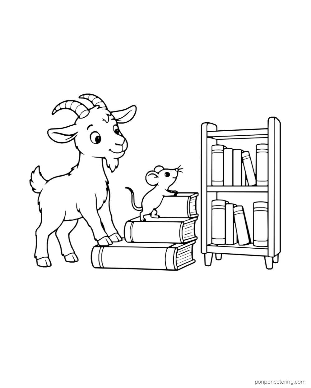 A goat beside a mouse standing on a stack of books next to a low bookcase.